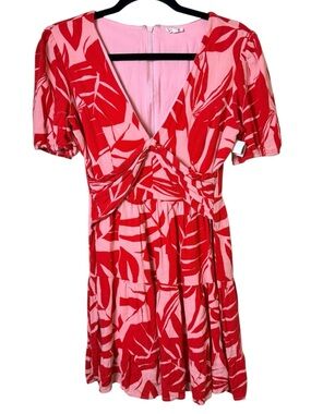 En Crème Small Pink & Red Leaf-Print V-Neck Dress